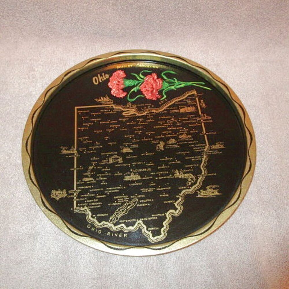 Vtg Metal Serving Tray Ohio State Buckeye Map Bar Decor Hostess Tradwife MCM 70s